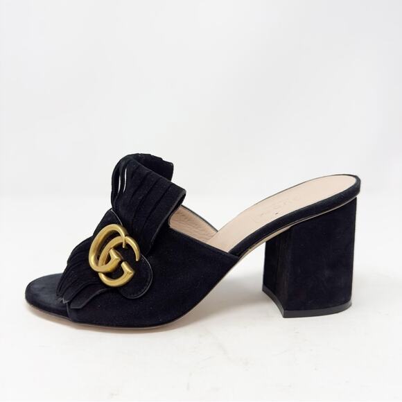 Gucci GG Marmont Black Suede Fringe Mules Sandals Size 37 - Picture 6 of 9